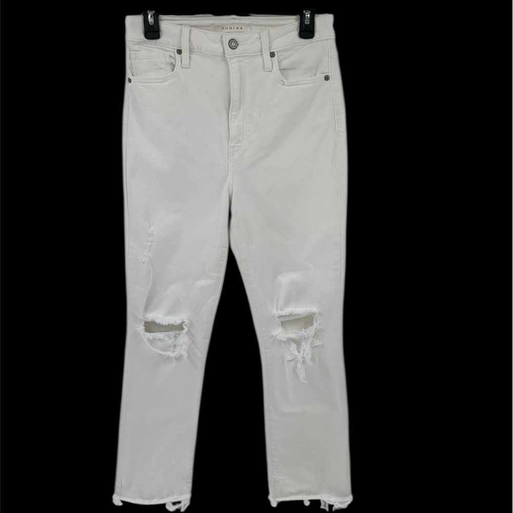 Eunina Ally Women Ultra High Rise 9 White Crop Jeans Distressed Hem Y2K Boho - Picture 1 of 11